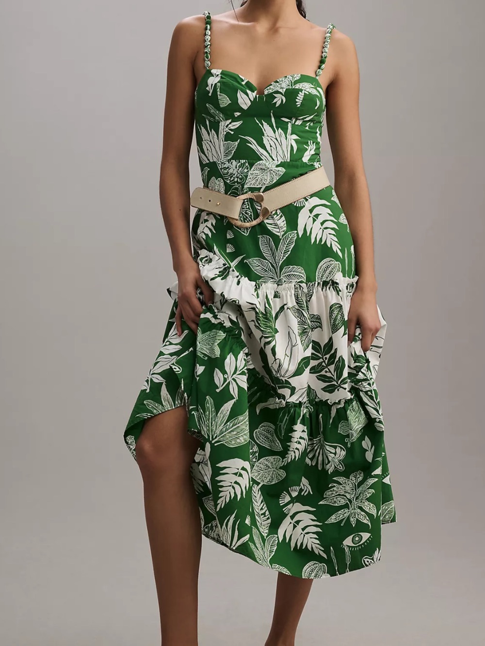 Farm Rio Sz S Dress Forest Soul Mix Midi Green White Sundress Anthropologie